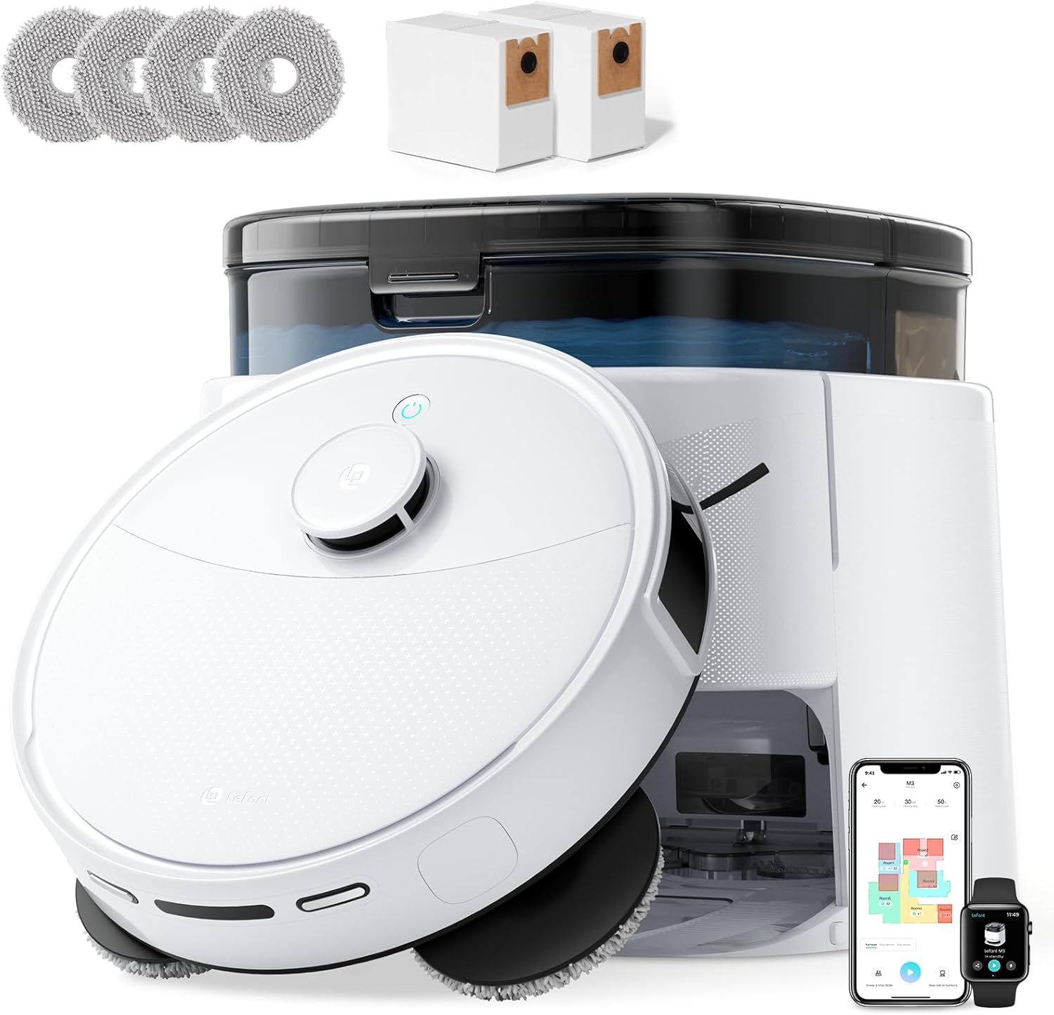 Lefant M3 Robot Vacuum and Mop,12000Pa Suction Smart Obstacle Avoidance,Zero-Tangling,Self-Washing & Drying, Self-Emptying,Dual Spinning Mop for Pet Hair Dust, White