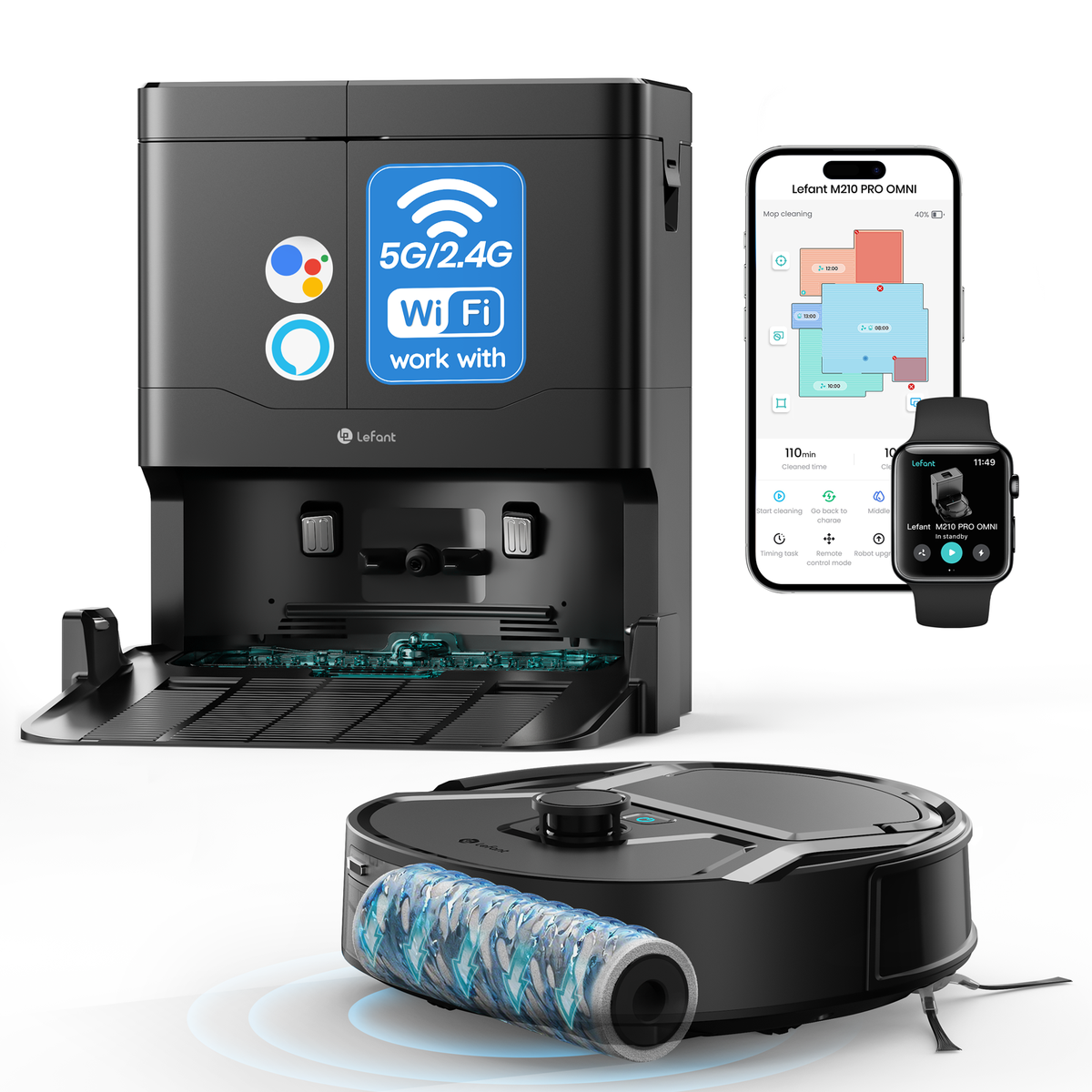 Lefant M210 Pro Omni, base con depósitos de agua y robot con rodillo de fregado